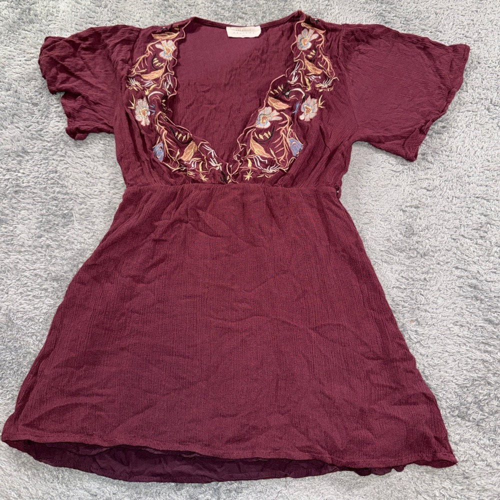 American Threads Boho Burgundy Floral Embroidered Mini Dress, Small